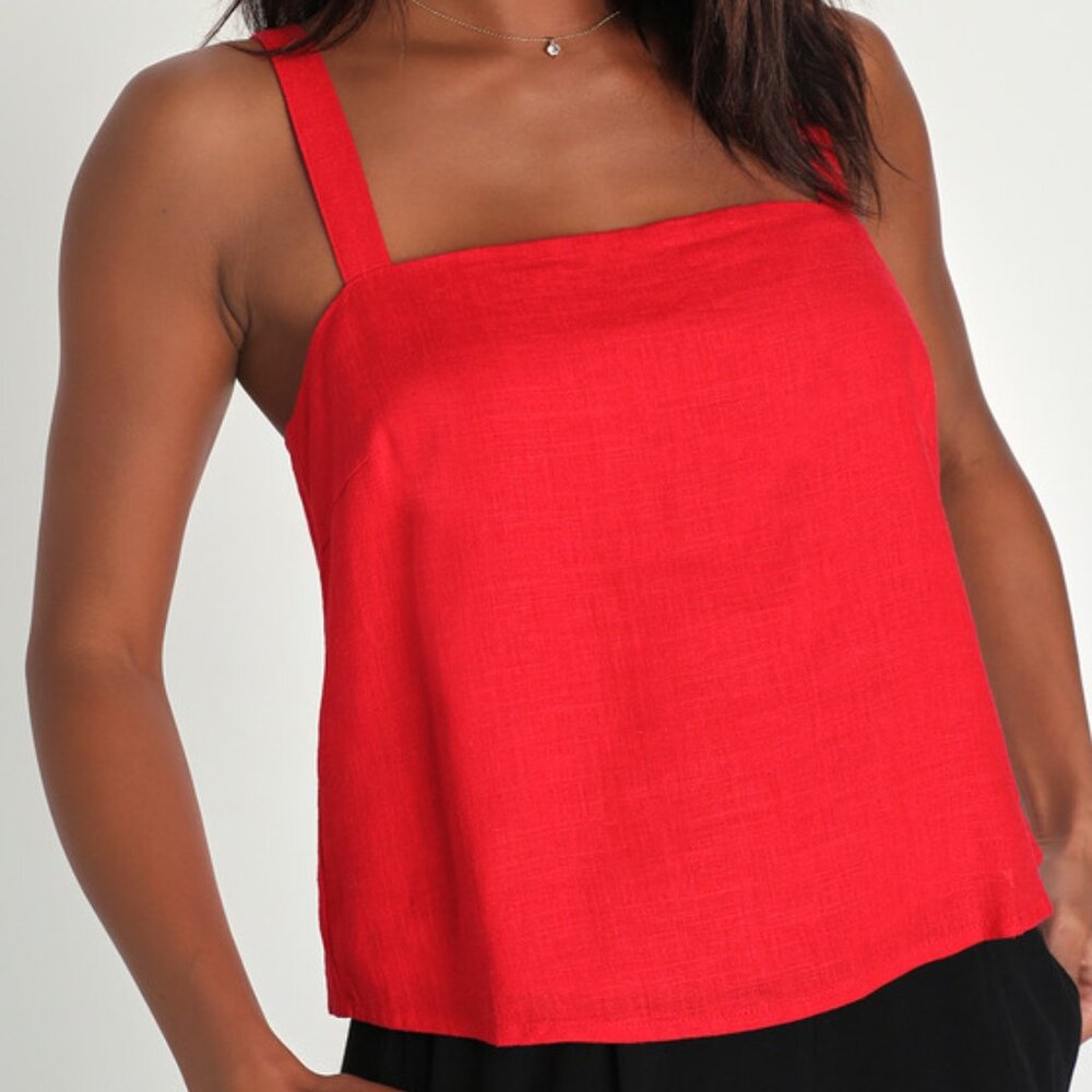 Lulus Sol Sweetie Red Linen Button-back Cropped Tank Top - Size M